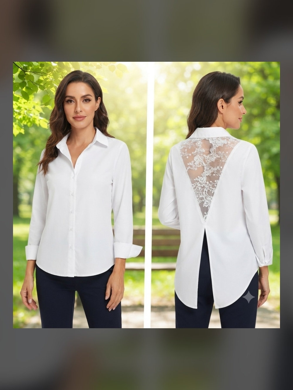 EUC Women's White Long Sleeve Shirt Blouse Size XL (14) Floral Lace V-Back Split